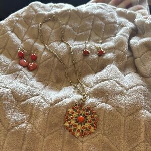 Gold and Coral Pendant Necklace and Earring Set